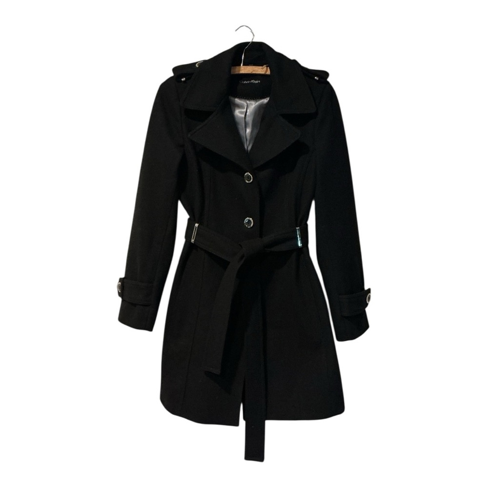 Calvin Klein Women’s Wool Blend Belted Trench Coat – Size XS – Black - Picture 3 of 12
